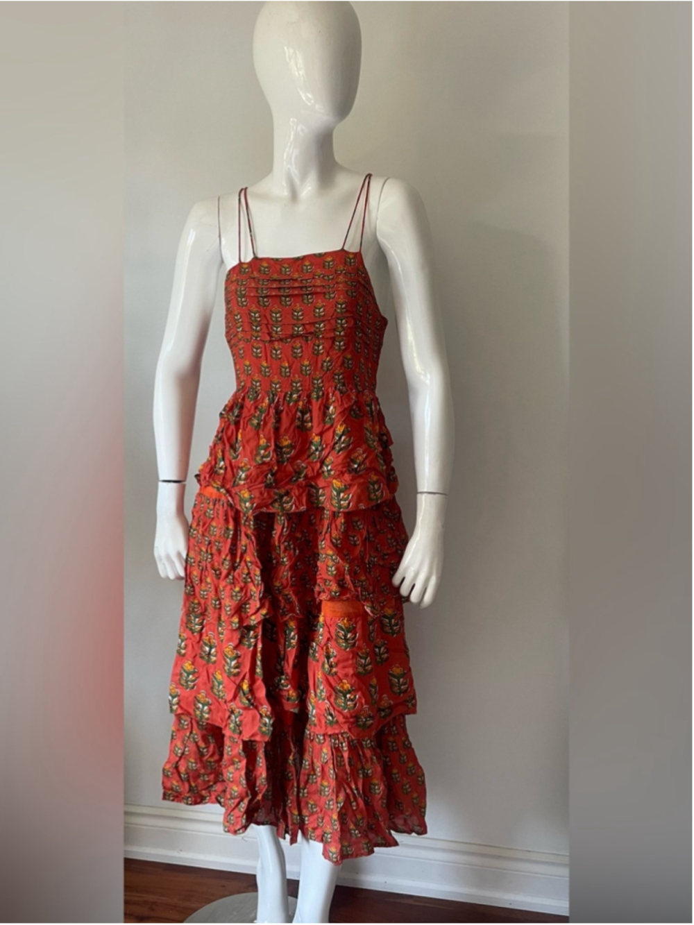Maxime Zeaberg Toronto Red Floral Tiered Midi Dress Adjustable Back Small Large - Picture 3 of 5